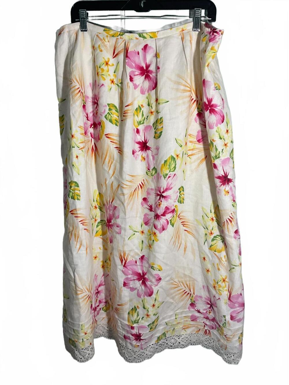 Cynthia Howie Maggy Boutique Linen Floral MIDI  Skirt Crochet lace hem 14